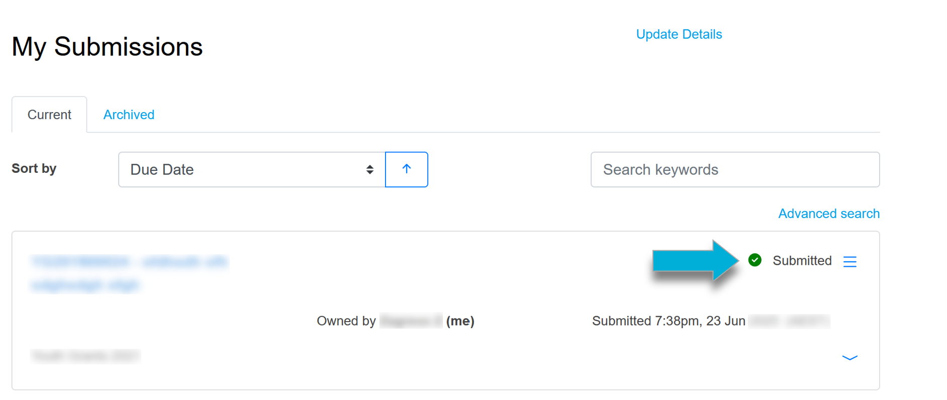 Image shows the My Submissions page. An arrow is pointing to the top-right hand corner of an application record, where the status shows 'Submitted'.