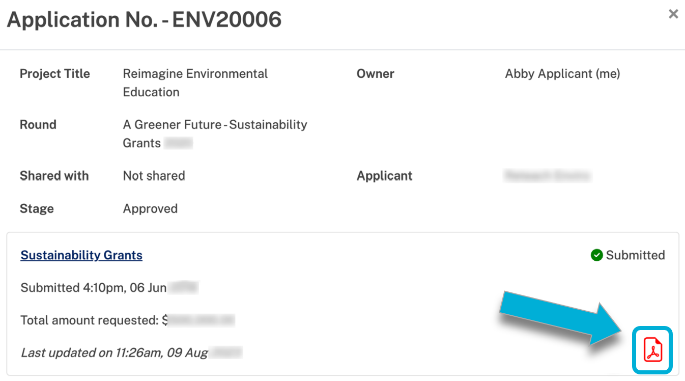 An example screenshot of the pop-up window that appears after clicking on an application ID from the My Submissions page. An arrow points to the PDF icon.