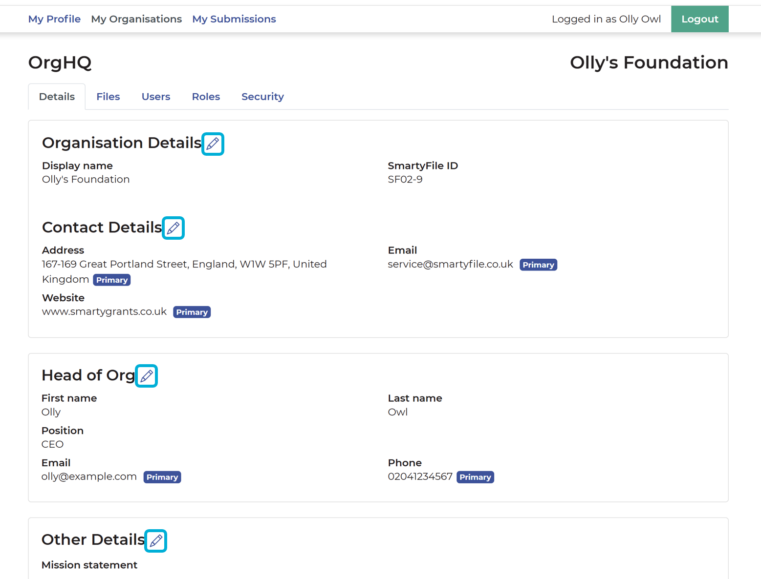 Highlighting the pencil icon next to the editable organisation fields