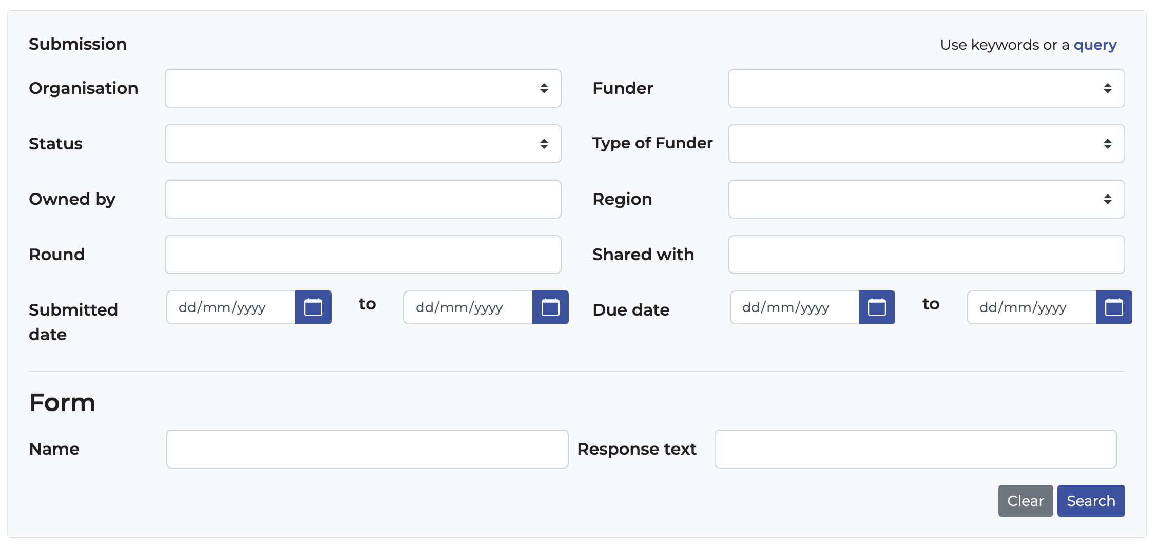 Screenshot of the advanced search options