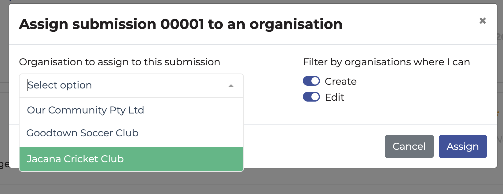 Pop-up window to select an org to assign the application to