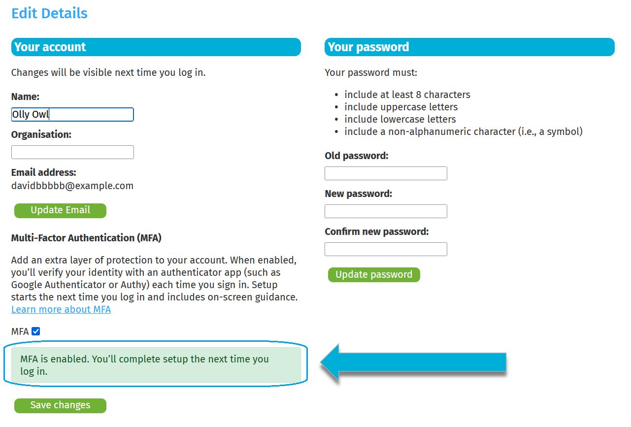 Highlights the successful message for enabling MFA