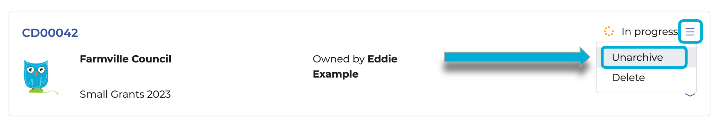 Highlighting the 'Unarchive' link from the application settings dropdown