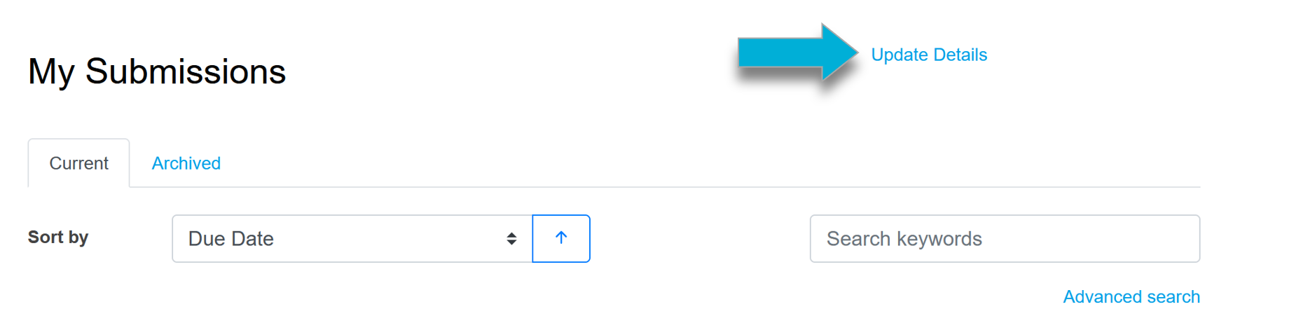 A screenshot of an example My Submissions page. An arrow is pointing to the Update Details link in the top-right hand corner.