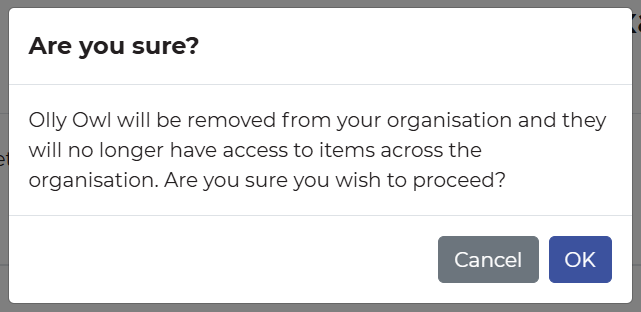Pop-up window to confirm deletion of a user