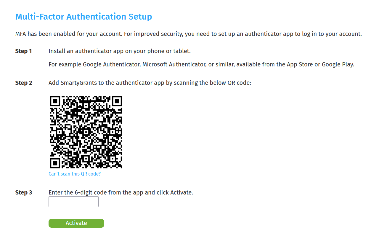 Example screenshot of the setup screen, showing the QR code