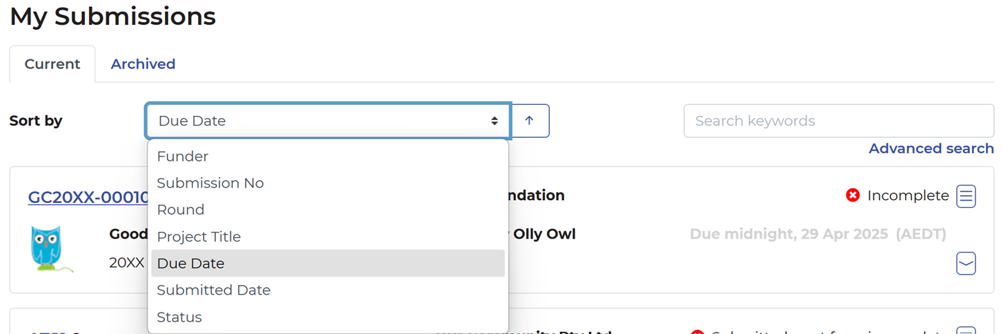 Screenshot showing the sort by dropdown field