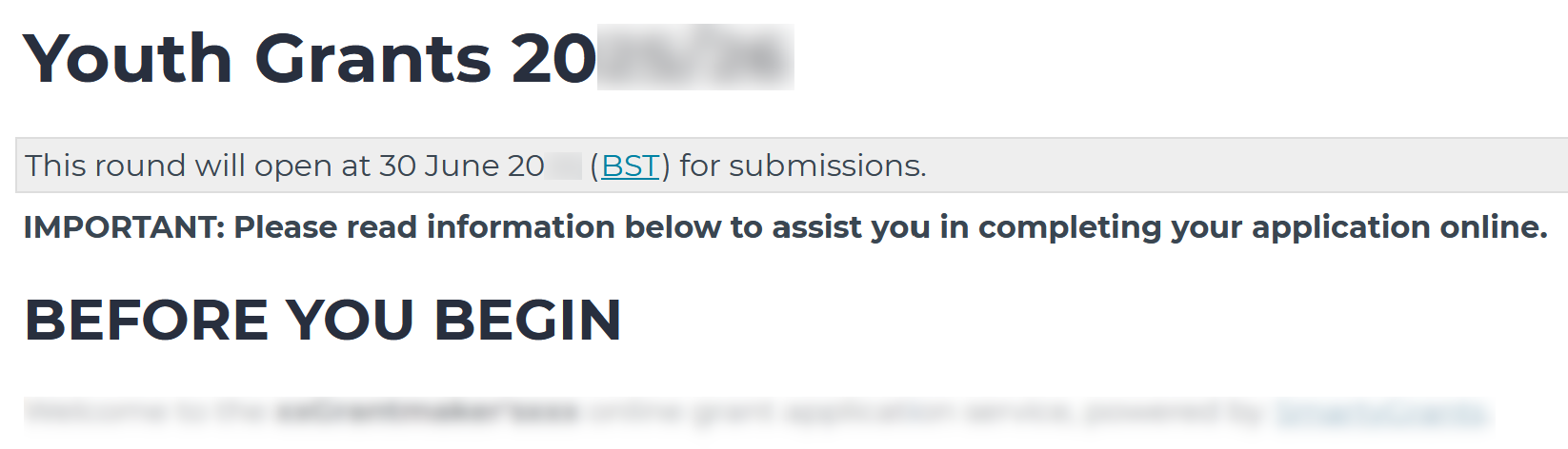 An example screenshot of the top of a round page. In this example, the round is upcoming, and there are no options to preview or download the form shown.