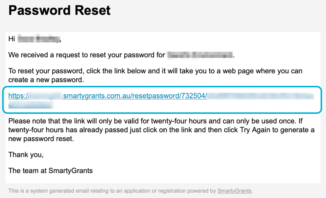 A screenshot of an example password reset email. The password reset link is highlighted.