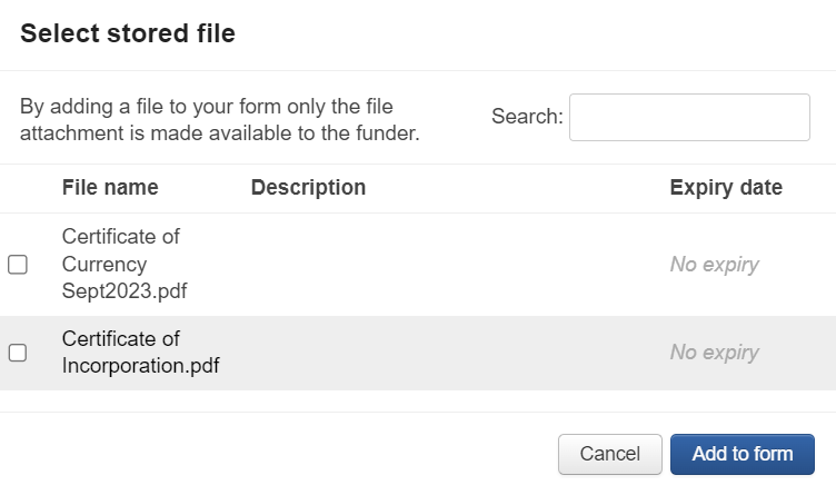 Screen shows example files that have been uploaded and that can be selected