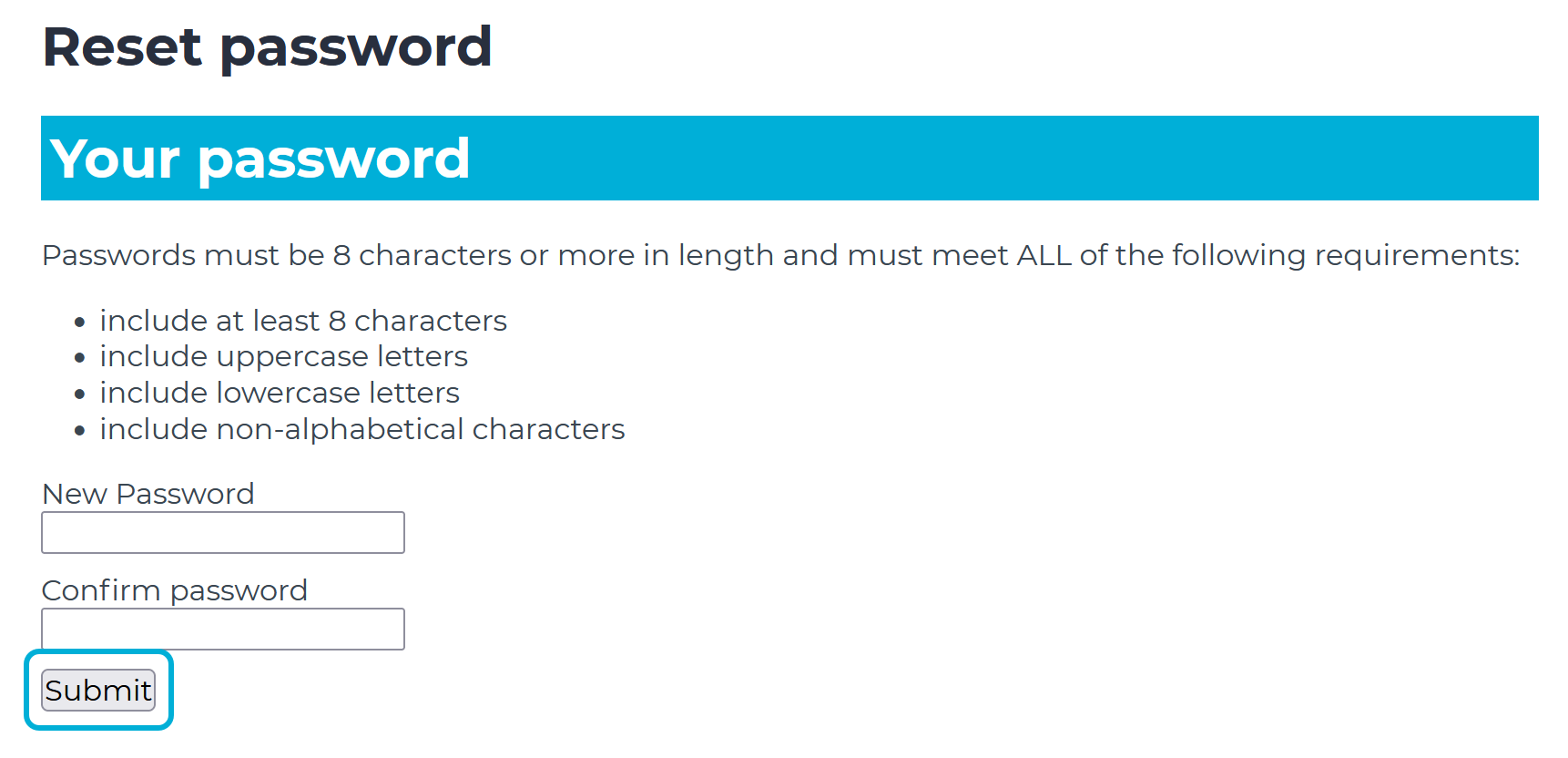 Image shows the reset password screen. The 'Submit' button is highlighted.