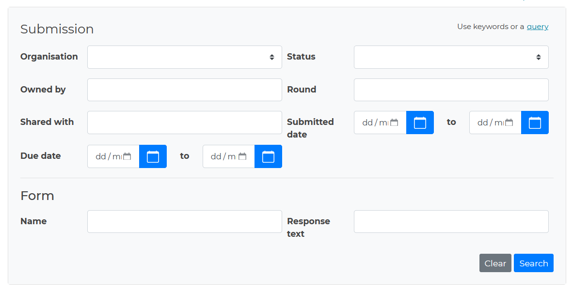 Screenshot of the advanced search options