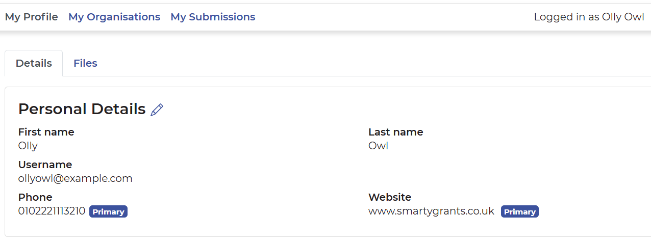 My Profile page that shows the Details tab