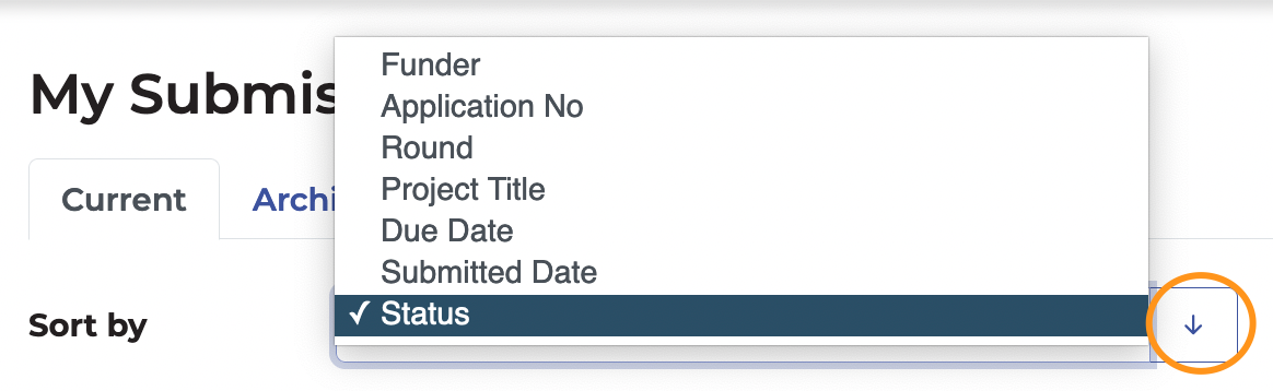 Dropdown list of the sort by options with the sort by ascending slash descending arrow highlighted
