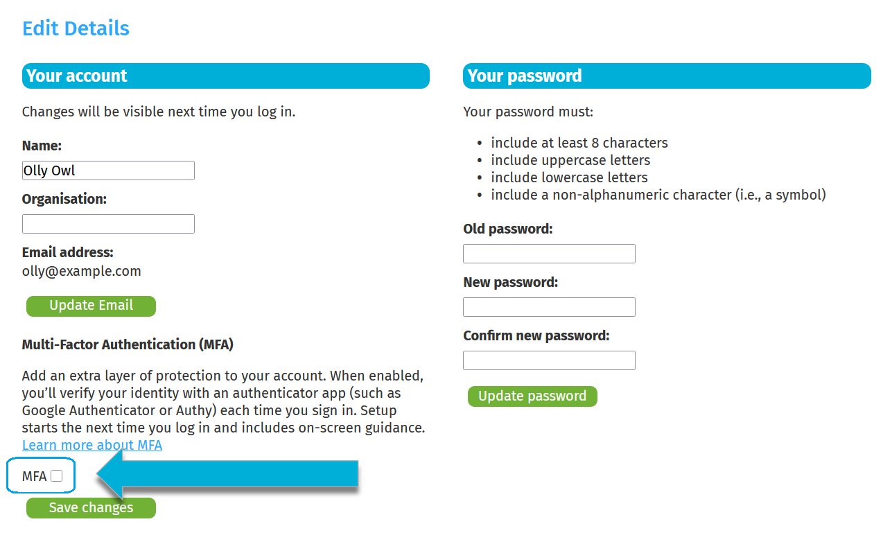 Highlights the MFA checkbox on the Edit Details page