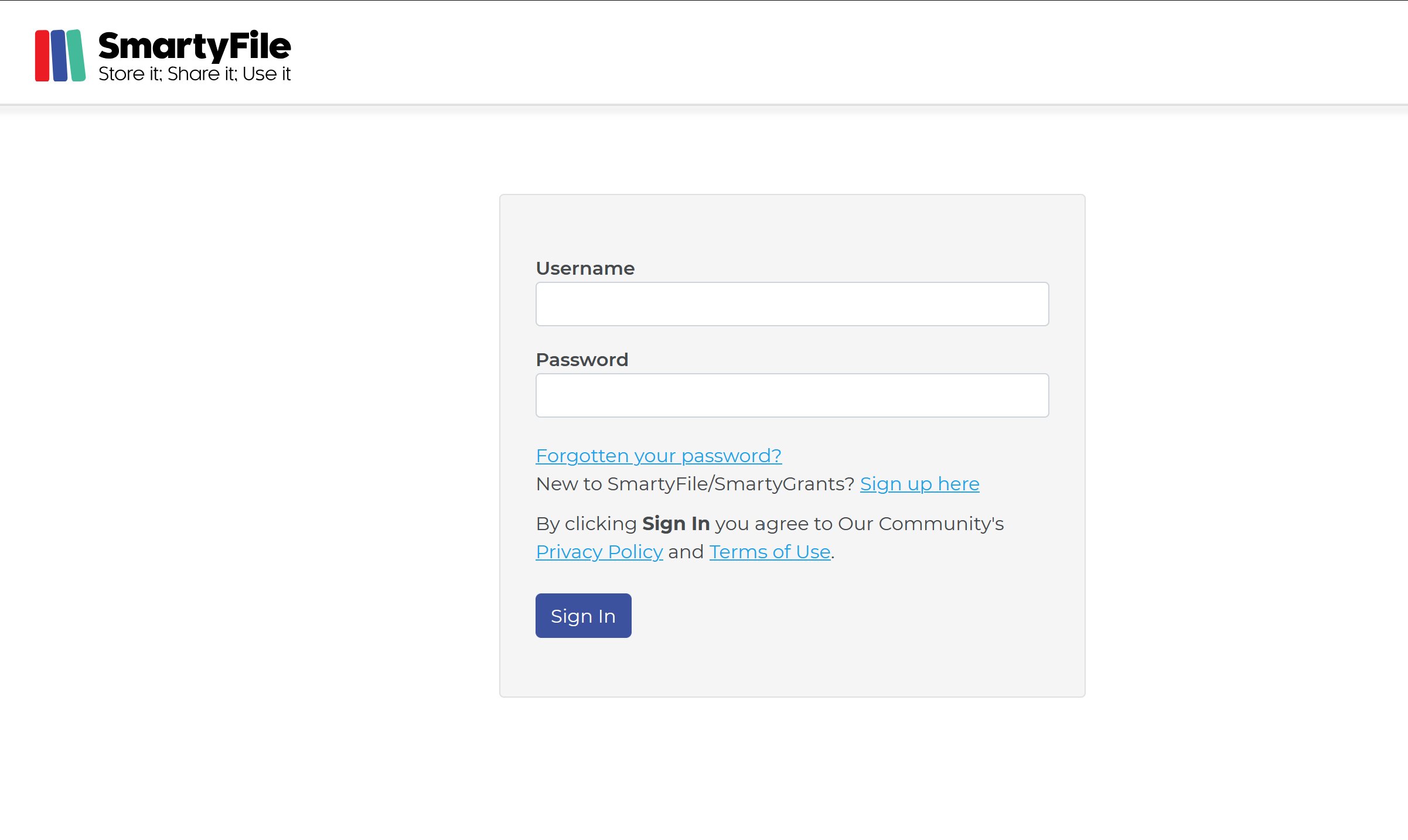 SmartyFile login screen that shows a username and password field