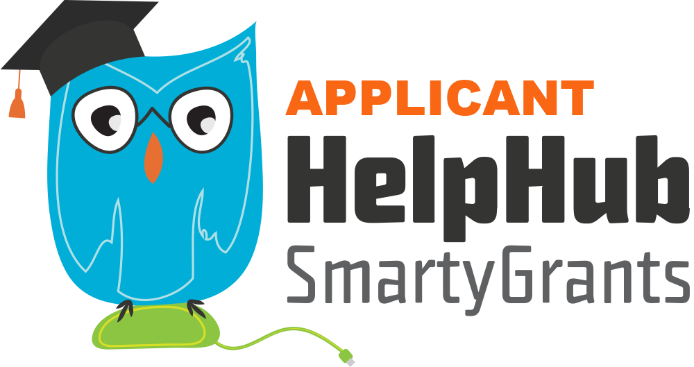 A picture of the SmartyGrants logo (an owl with a graduation cap). The text reads Applicant HelpHub SmartyGrants.