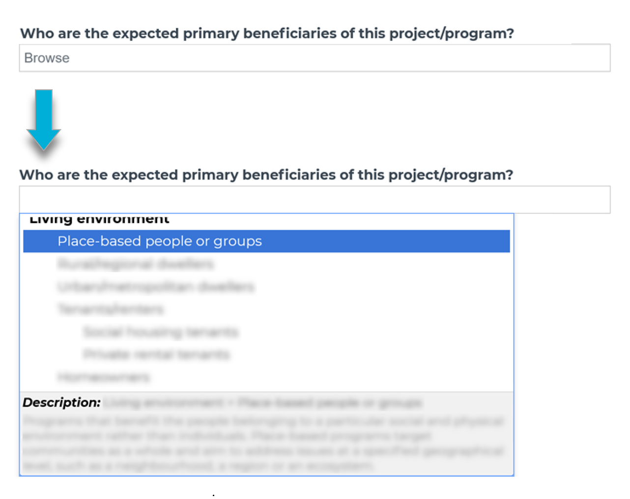 An example screenshot of a question in a form that a choice is expected for. The image explains to select 'Browse', then to scroll through the options from the list that appears. 