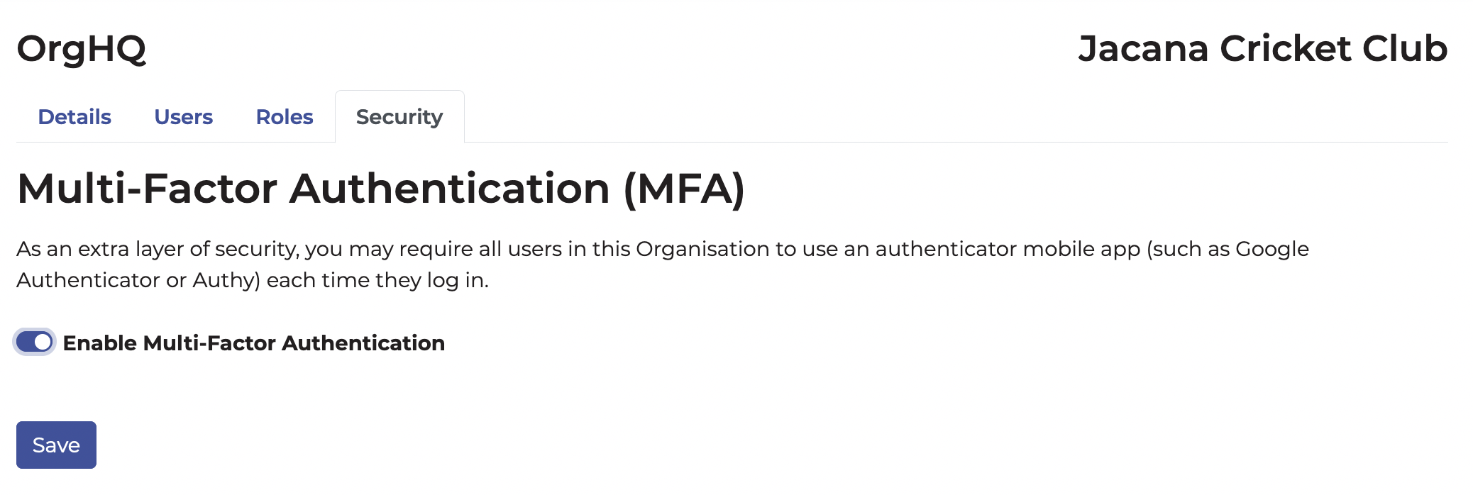 Screen shows the Multi-Factor Authentication (MFA) screen under the Security tab in OrgHQ
